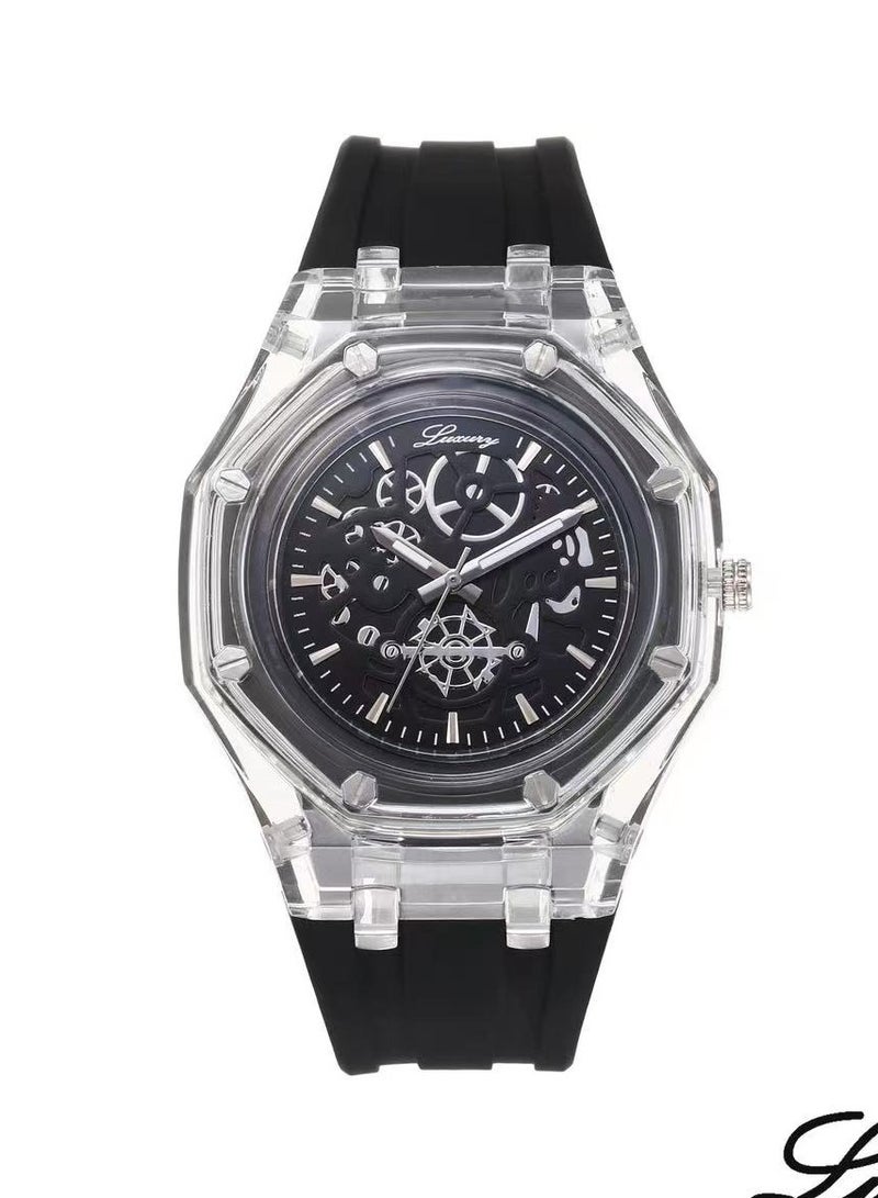 Men's rubber wristwatch - water resistant and high quality, black strap with black dial