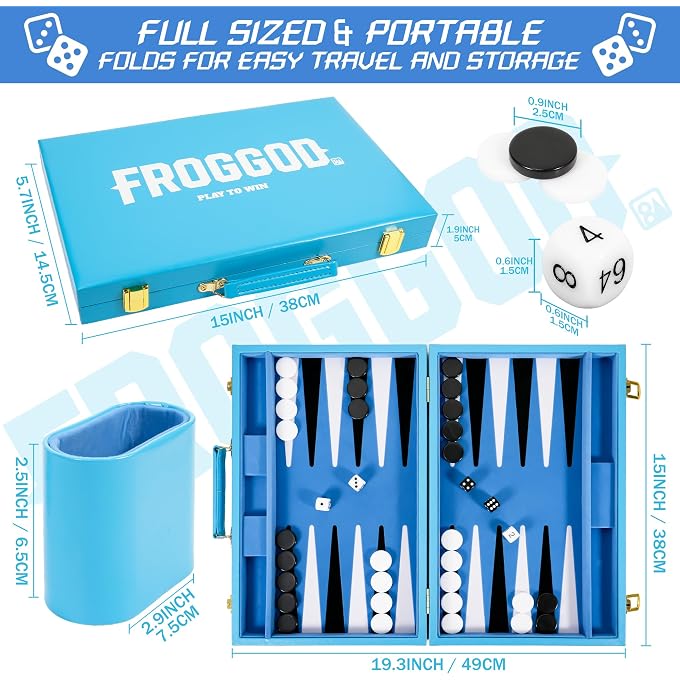 Froggod Light Blue 15 Inch Backgammon Sets for Adults, Classic Board Game | PU Leather Case with Seamless Flocked Game Surface, 32 pieces, dice and doubling cube for adults and gifts for men - Image 3