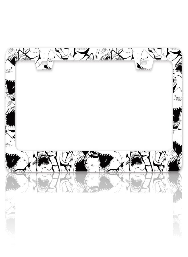 TINALUIN Shark License Plate Frame Stainless Steel Black White Cartoon Animal License Plate Holder for Front and Rear Car Tags Funny for Car Decoration Accessories with Screws 6.3 X 12.2 in for Women Men - Image 1