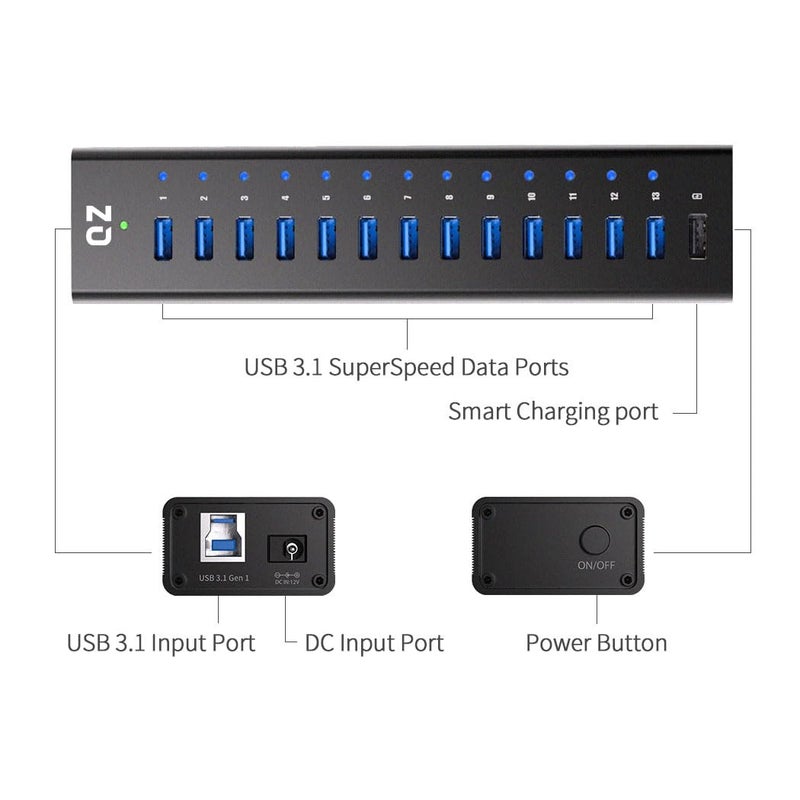 QZ [14 Ports, 12V 5A 60W Power, Industrial Grade] Active Powered USB Hub, 14 Port USB Hub with 12V 5A 60W Power Adapter, USB 3.1 Gen 1 - Image 2