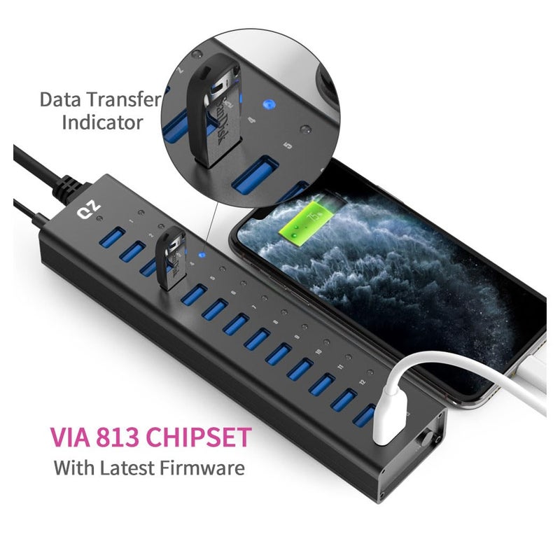QZ [14 Ports, 12V 5A 60W Power, Industrial Grade] Active Powered USB Hub, 14 Port USB Hub with 12V 5A 60W Power Adapter, USB 3.1 Gen 1 - Image 4