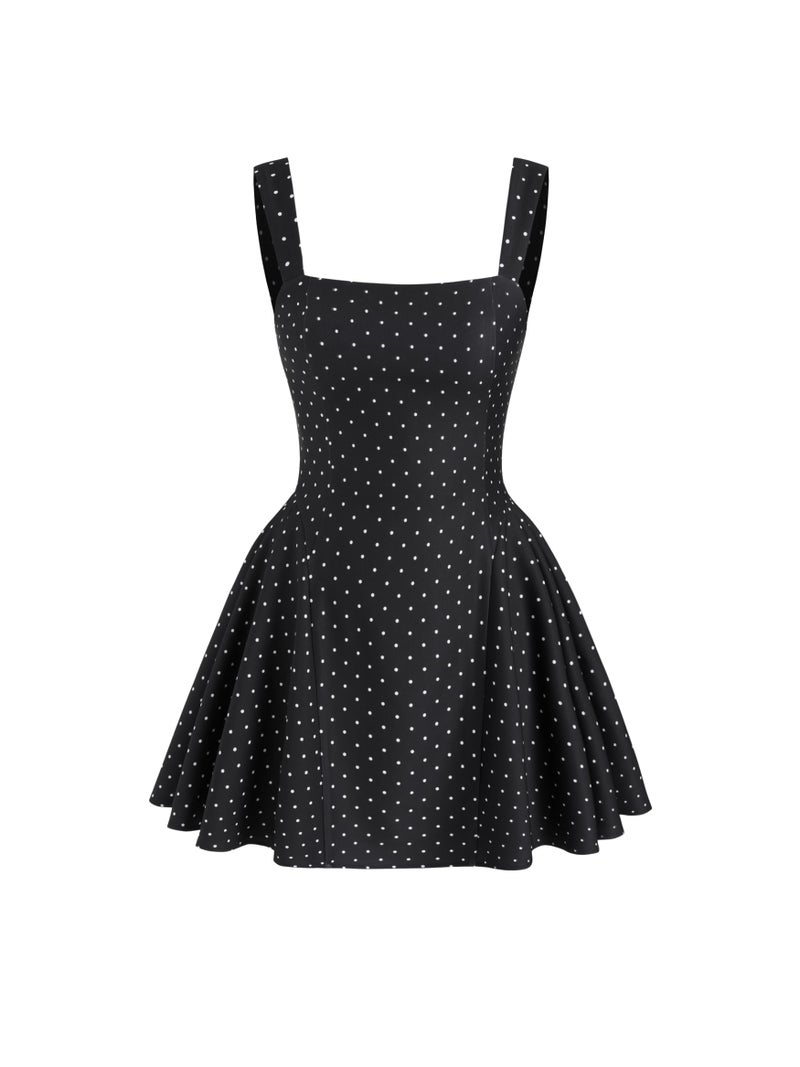 CIDER Womens Polka Dot Going Out Dress Cute Summer Date Night Square Neck Sleeveless Mini Dress - Image 1