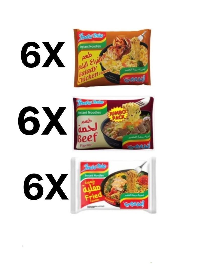Indomie 18 pack assorted flavors , 6 Indomie Meat 100g , 6 Indomie Fried Noodles 80g ,  6 Indomie balady chicken 100g 
