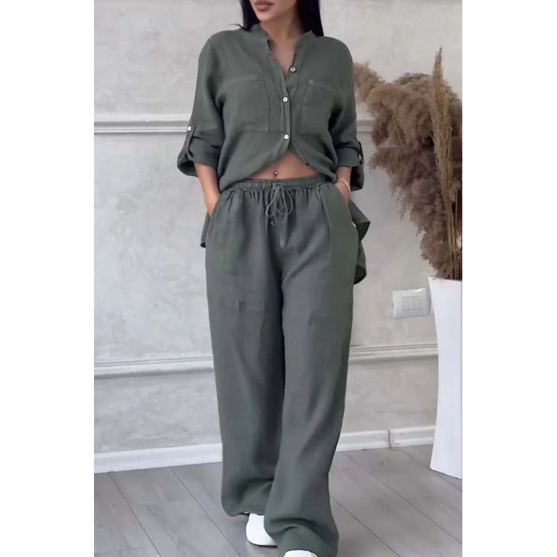 European and American 2024 New Womens Solid Color Single-breasted Long-sleeved Shirt Two-piece Wide-leg Pants Lace-up Pants for Women Dark gray