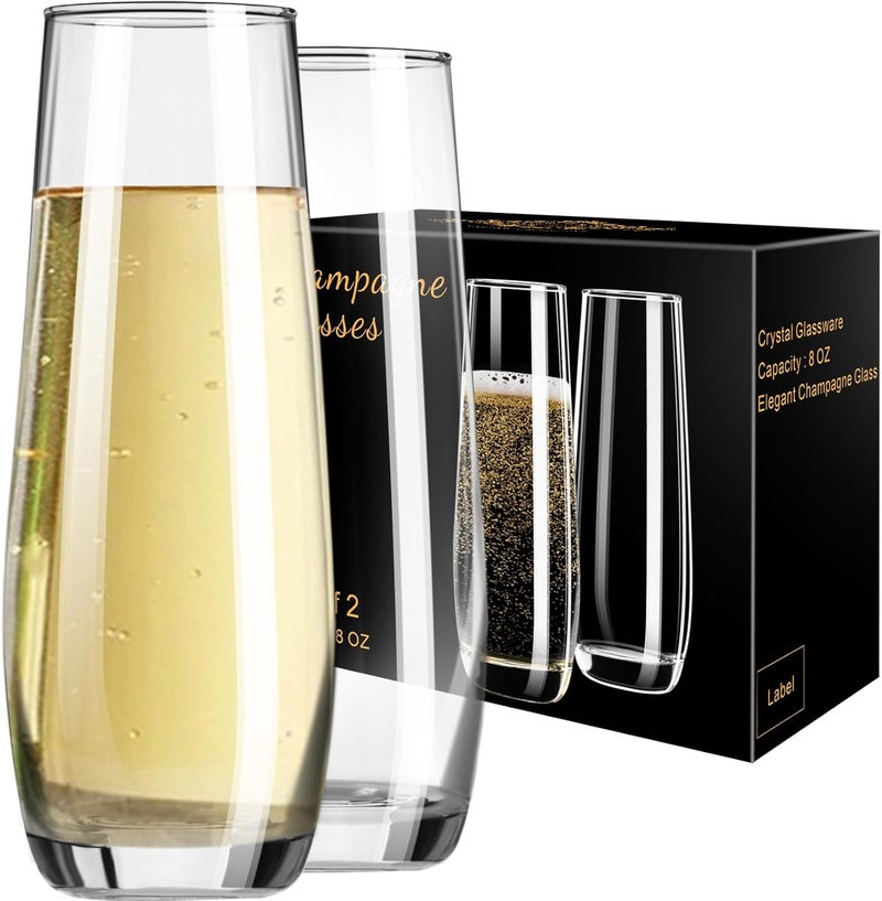 PARACITY Stemless Champagne Flutes 8 oz, Cocktail Glasses, Champagne Glasses Set of 2, Gift for Birthday, Wedding, Christmas - Image 1