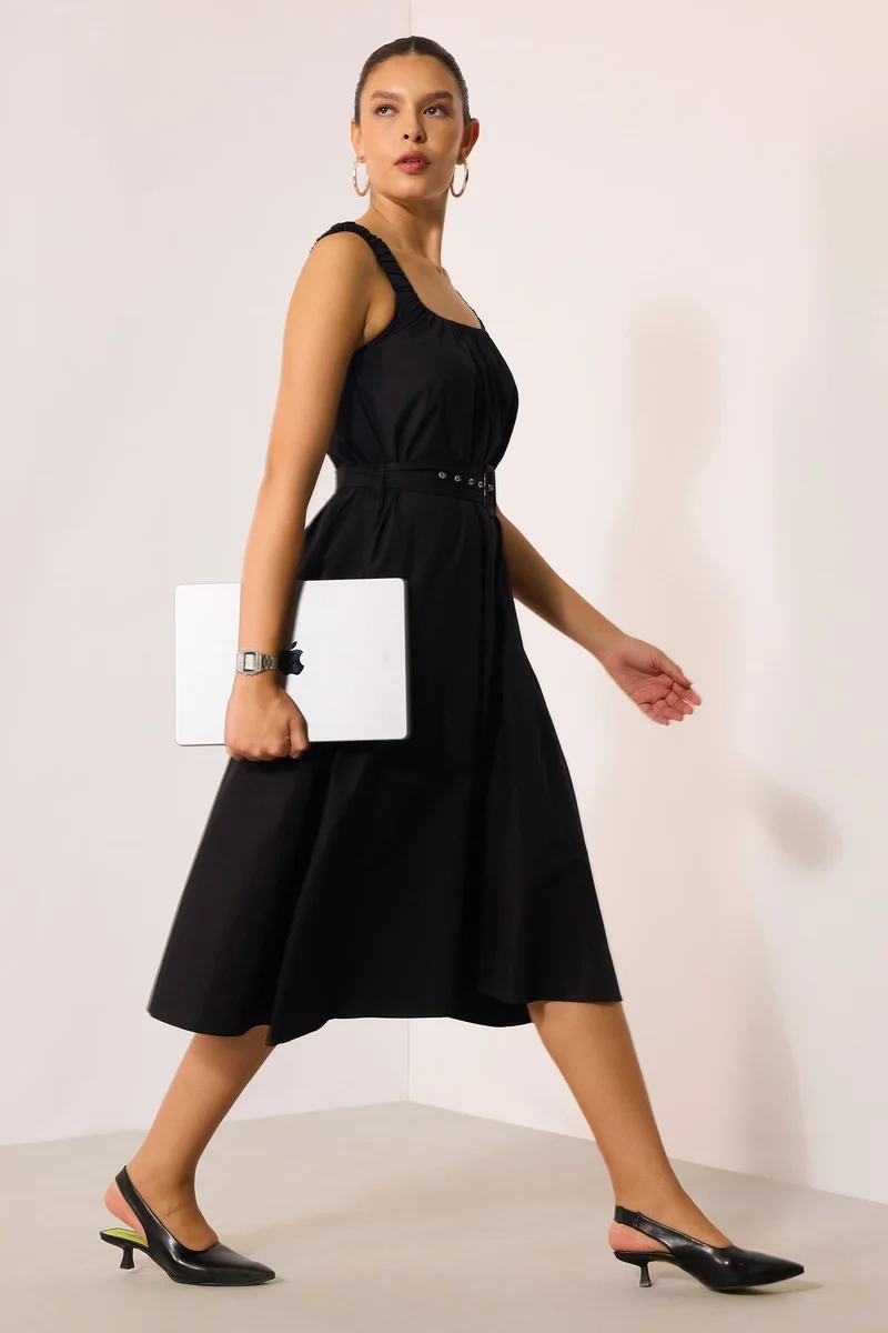فيرجيو Solid Cotton U-Neckline Midi Dress With Belt for Women