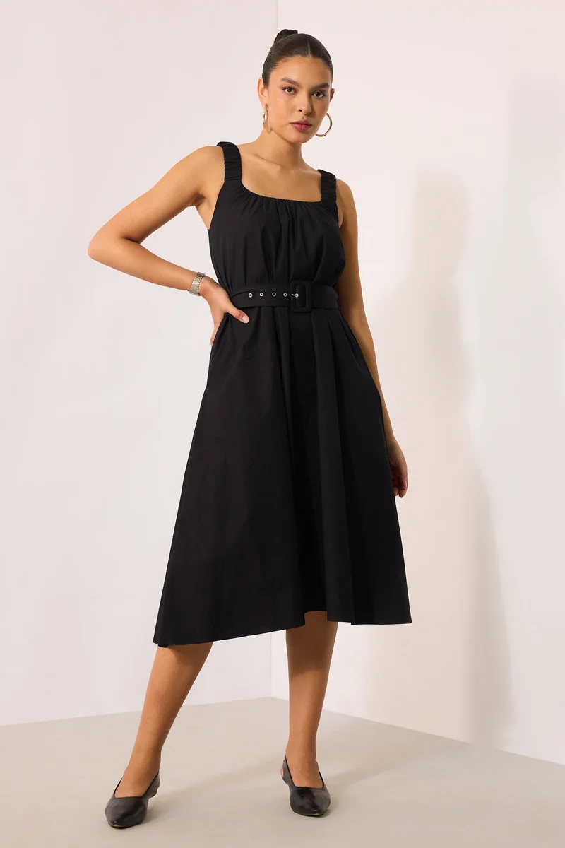 فيرجيو Solid Cotton U-Neckline Midi Dress With Belt for Women