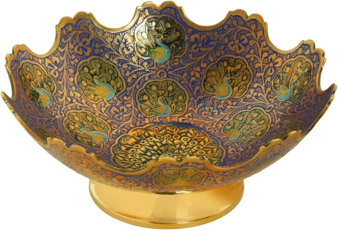 BRASS DECORATIVE DRY FRUIT BOWL MULTIPURPOSE SERVING BOWL CARVING WORK SIZE 7 BEAUTIFUL BLUE COLOR PEACOCK DESIGN KITCHENWARE GIFT