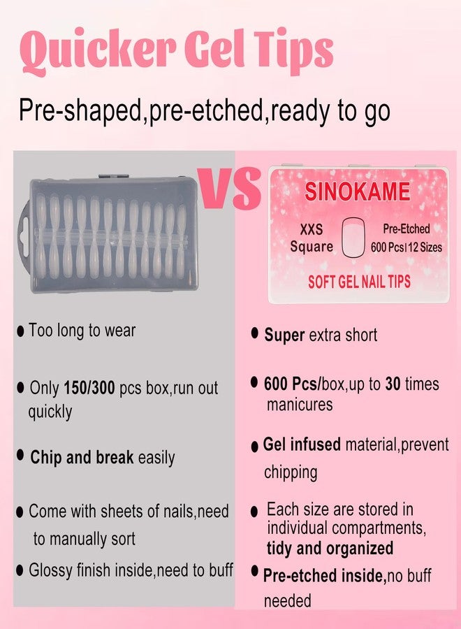 SINOKAME 600Pcs Extra Short XXS Square Gel Nail Tips, Small Petite Pre-etched Full Cover Fake Nails for Short Nail Beds, Extra Short Squoval Clear Press on Glue on Acrylic Nails Extension,12 Sizes - Image 4