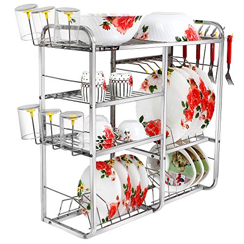Slim Shine SLIMSHINE Kitchen Dish Rack - 4 | Tiered Shelf Wall Mount Stainless Steel Plate & Utensil | Drying Rack | Space-Saving Storage for Plates | Bowls | Cups | Cutlery (24 inch x 24 inch) - Image 1