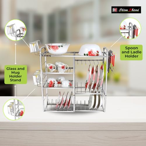 Slim Shine SLIMSHINE Kitchen Dish Rack - 4 | Tiered Shelf Wall Mount Stainless Steel Plate & Utensil | Drying Rack | Space-Saving Storage for Plates | Bowls | Cups | Cutlery (24 inch x 24 inch) - Image 2