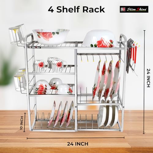 Slim Shine SLIMSHINE Kitchen Dish Rack - 4 | Tiered Shelf Wall Mount Stainless Steel Plate & Utensil | Drying Rack | Space-Saving Storage for Plates | Bowls | Cups | Cutlery (24 inch x 24 inch) - Image 3