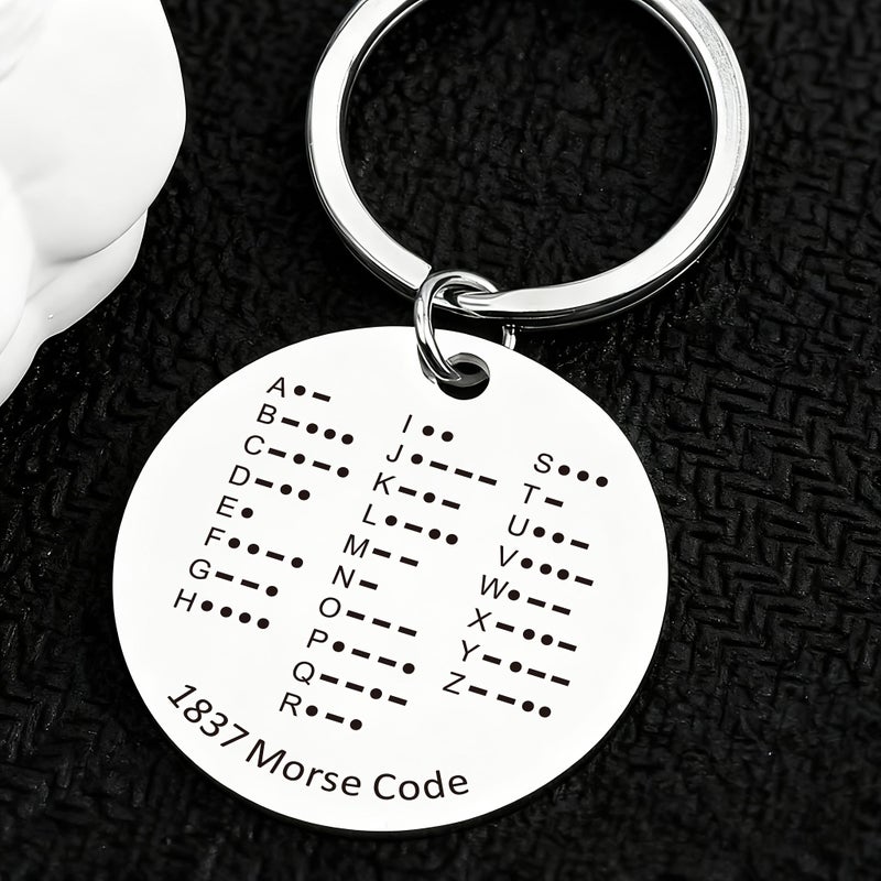 Morse Code Theme Stainless Steel Round Keychain Style One Retro Morse Code Alphabet Reference Table Pendant Code Enthusiast Key Ring Creative Bag Ornament Practical Knowledge Gift - Image 1