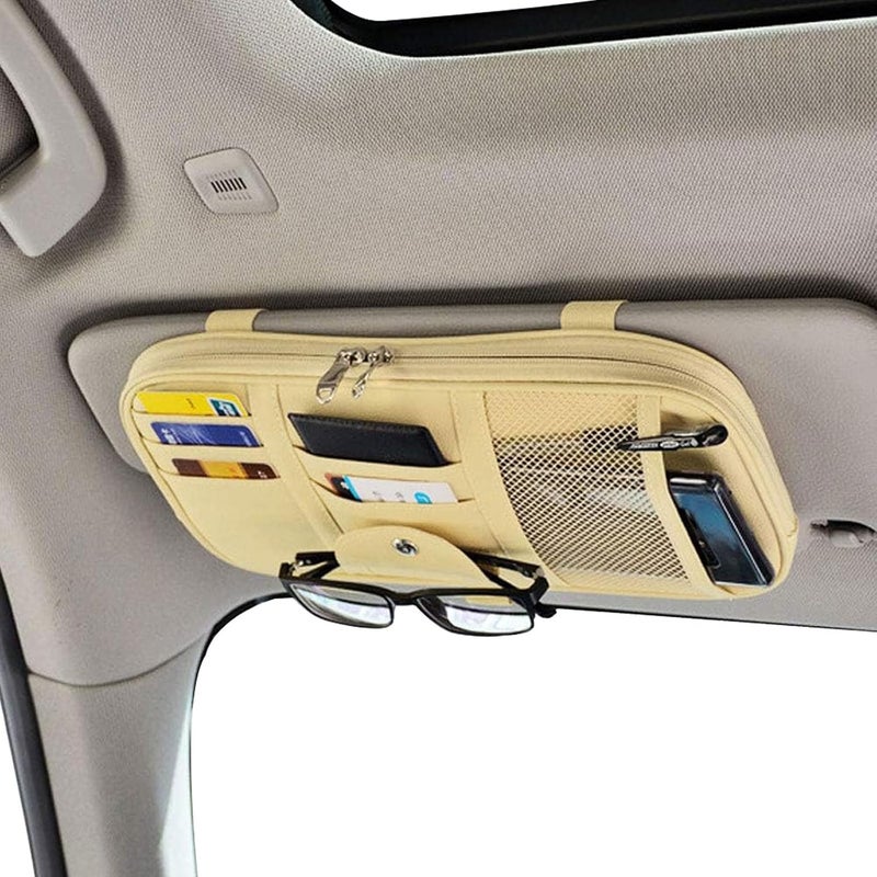 Da by Car Sun Visor Organizer, Multi-Pocket Visor Organizer Storage Pouch for Cars, SUVs & Trucks with Double Zippers, Elastic Bands & Glasses Clip- Organizes Essentials Keep Tidy (Beige Light Yellow) - Image 1