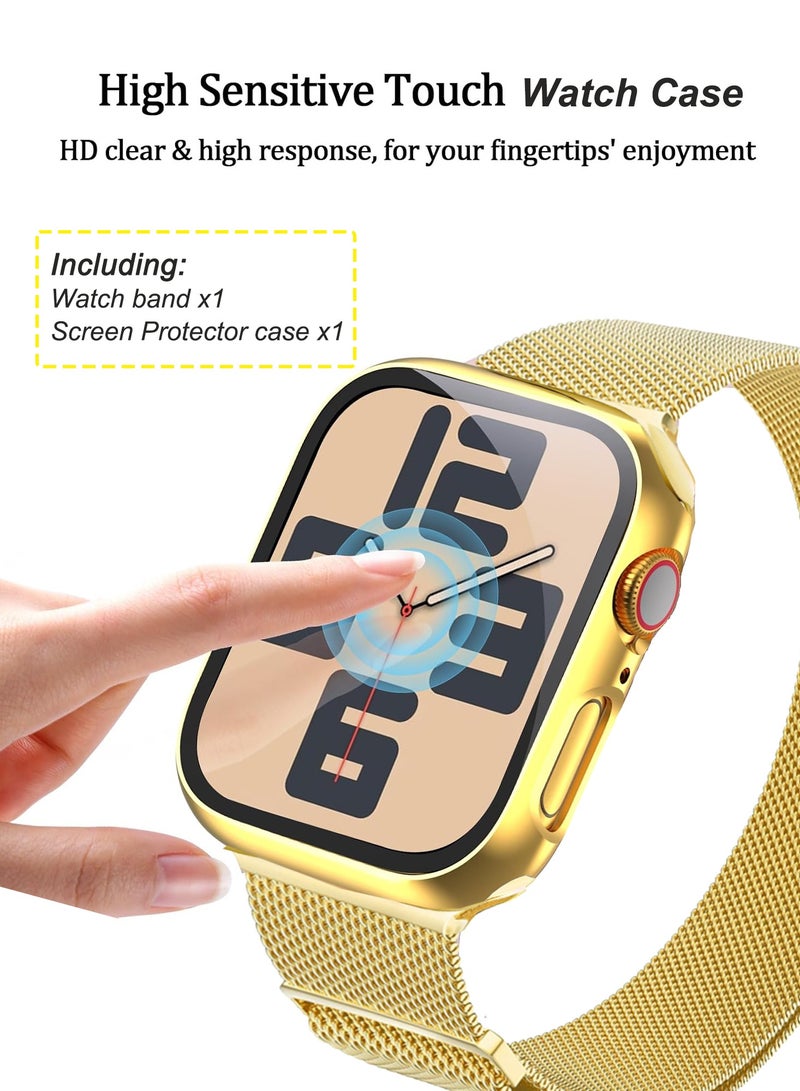 Case and watch band Set for Apple Watch Series10, 46mm, Stainless steel mesh metal iWatch strap with Tempered Glass Screen Protector, Golden - Image 4