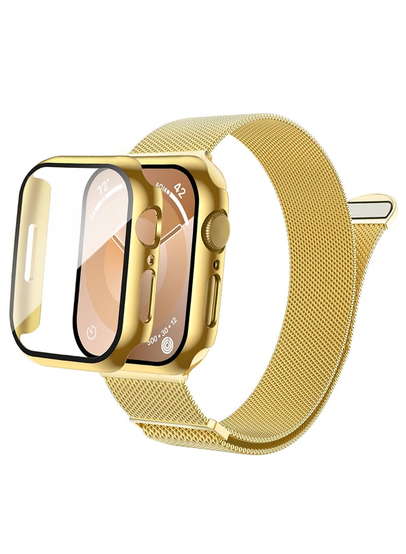 Case and watch band Set for Apple Watch Series10, 46mm, Stainless steel mesh metal iWatch strap with Tempered Glass Screen Protector, Golden - Image 1