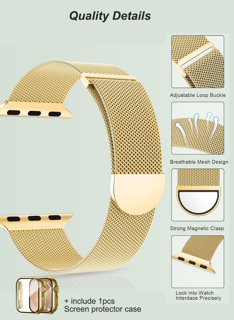Case and watch band Set for Apple Watch Series10, 46mm, Stainless steel mesh metal iWatch strap with Tempered Glass Screen Protector, Golden - Image 3