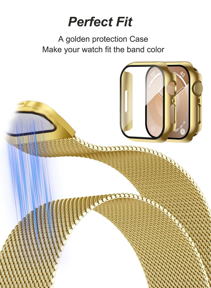Case and watch band Set for Apple Watch Series10, 46mm, Stainless steel mesh metal iWatch strap with Tempered Glass Screen Protector, Golden - Image 2