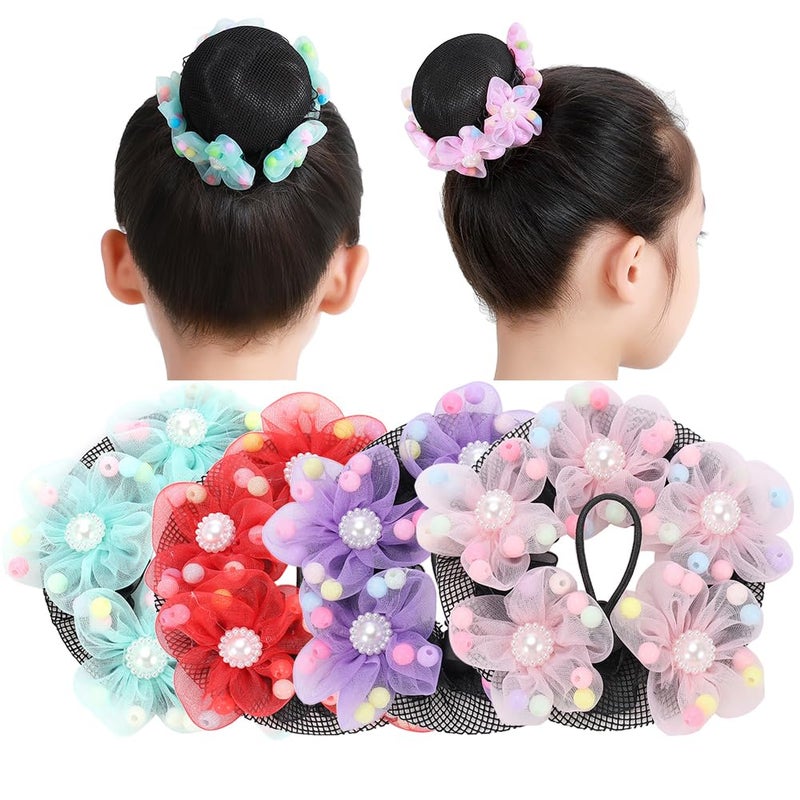 Elandy 4PCS Girls Ballet Bun Covers Flower with Pearl Shaped Dance Snood Hair Net Accessories Mesh String Bobbles Elastic Band for Dancers Skating
