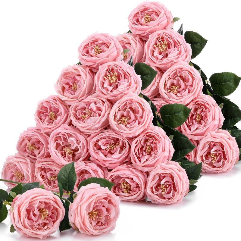 Giegxin 20 Pcs Real Touch Peonies Austin Roses Artificial Flowers, Faux Look Real Long Stems Fake Flower with Blooms for Christmas Valentines Arrangement Wedding Home Kitchen Party Decor(Pink) - Image 1