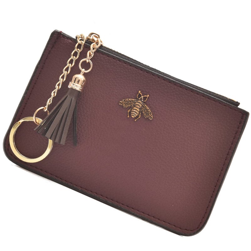 AnnabelZ Coin Purse Change Wallet Pouch Leather Card Holder with Key Chain Tassel Zip(Burgundy) - Image 1