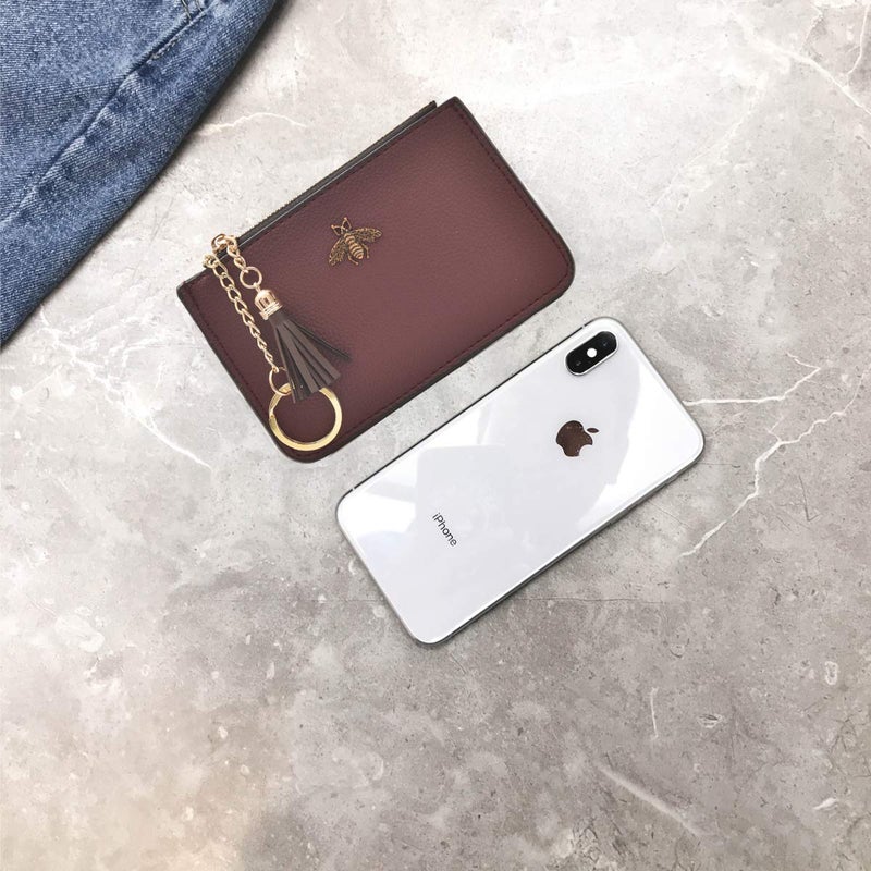 AnnabelZ Coin Purse Change Wallet Pouch Leather Card Holder with Key Chain Tassel Zip(Burgundy) - Image 5