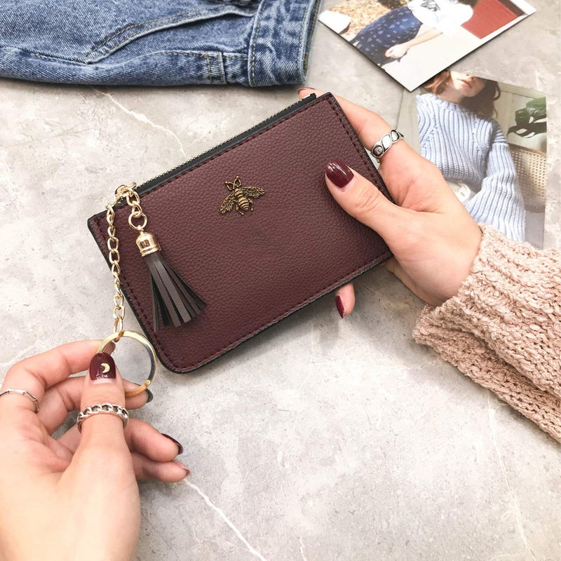 AnnabelZ Coin Purse Change Wallet Pouch Leather Card Holder with Key Chain Tassel Zip(Burgundy) - Image 2
