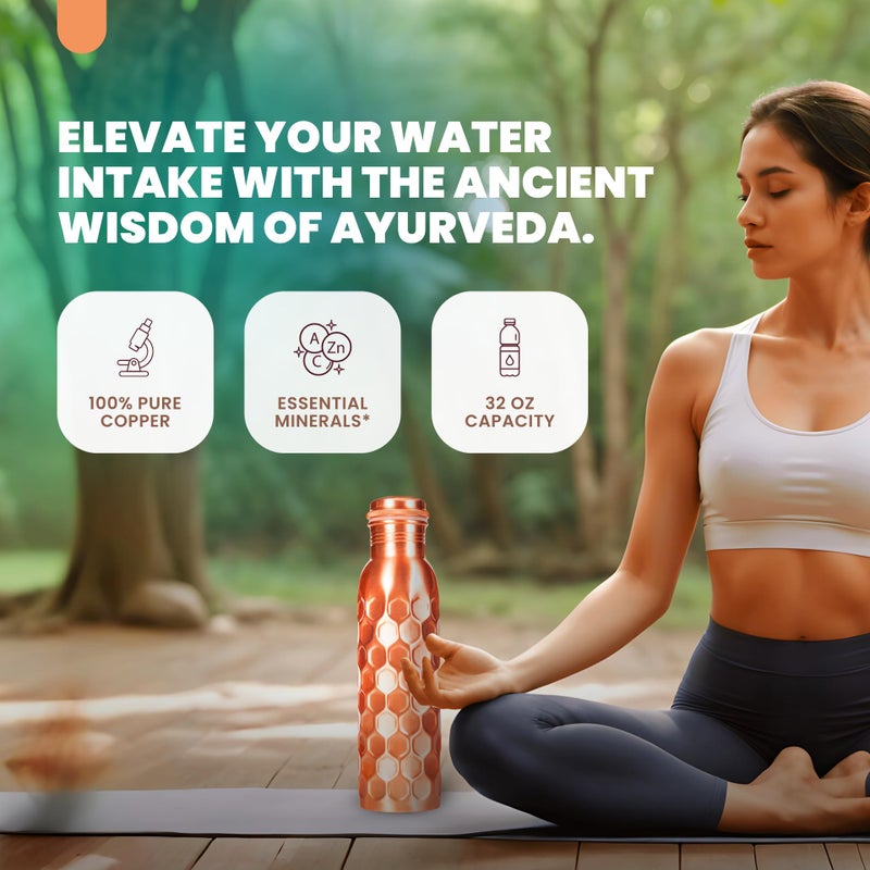 VedVision Copper Water Bottle - 32 Oz Pure Copper Water Bottle for Drinking Diamond Finish Design - Leak-Proof, Travel-Friendly, Wide Mouth - Image 3