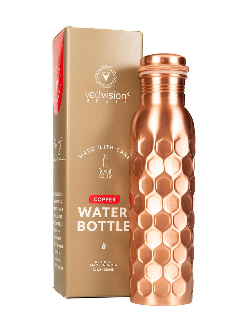 VedVision Copper Water Bottle - 32 Oz Pure Copper Water Bottle for Drinking Diamond Finish Design - Leak-Proof, Travel-Friendly, Wide Mouth - Image 1