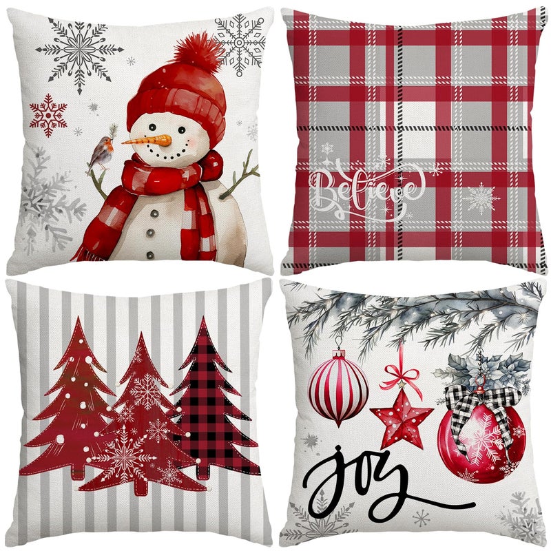 Artmag Christmas Pillow Covers 18x18 Inch Set of 4 Decorative Farmhouse Snowman Joy Believe Christmas Tree Red Pillow Covers for Winter Holiday Home Decor Decoration - Image 2