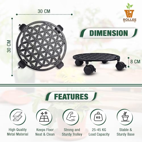 Sharpex Pack of 4 Metal Caddy Iron Dolly on Round Rack Rustproof Sturdy Potted Indoor Outdoor Plant Stand/Trolley with Locking Wheels for Balcony, Living Room, Home and Garden (Black) - Image 2
