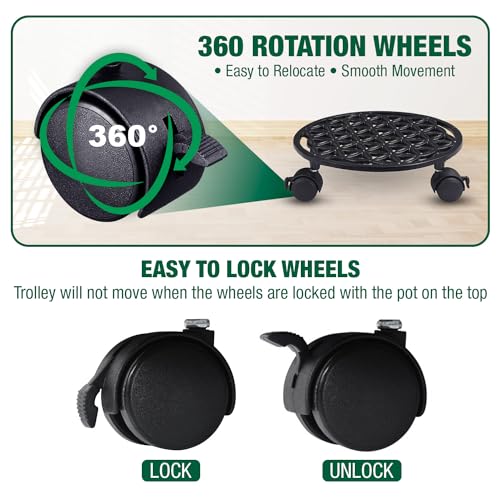 Sharpex Pack of 4 Metal Caddy Iron Dolly on Round Rack Rustproof Sturdy Potted Indoor Outdoor Plant Stand/Trolley with Locking Wheels for Balcony, Living Room, Home and Garden (Black) - Image 3