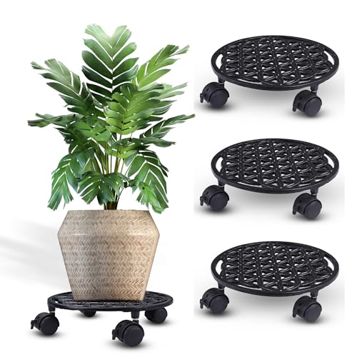 Sharpex Pack of 4 Metal Caddy Iron Dolly on Round Rack Rustproof Sturdy Potted Indoor Outdoor Plant Stand/Trolley with Locking Wheels for Balcony, Living Room, Home and Garden (Black) - Image 1