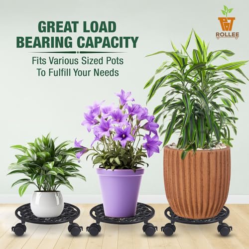 Sharpex Pack of 4 Metal Caddy Iron Dolly on Round Rack Rustproof Sturdy Potted Indoor Outdoor Plant Stand/Trolley with Locking Wheels for Balcony, Living Room, Home and Garden (Black) - Image 5