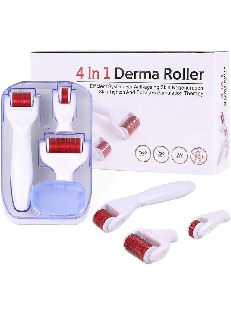ديرما رولر طقم ديرما رولر 4 في 1 بإبر تيتانيوم دقيقة مع علبة سفر – أداة تجديد البشرة لمكافحة علامات التقدم في السن، آثار حب الشباب والعناية بالمسام - Image 1