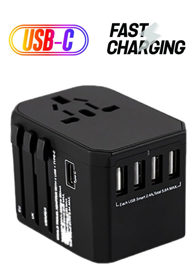 Universal Travel Adapter International Power Plug Ultra Fast All in One Power Adapter 4 Ultra Fast USB Port Ultra Fast Type C 3.4A Multi Adapter Worldwide UK EU US AU Black  - Image 1