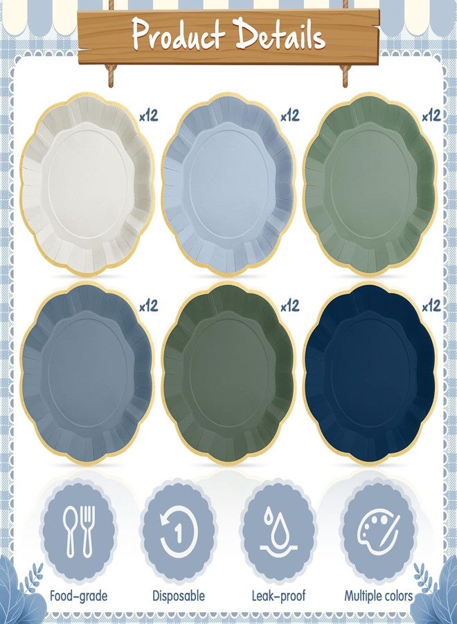 Tiangrid 72 Pcs Dusty Blue and Sage Green Color Paper Plates 9 Inch Green Blue Gradient Scalloped Paper Disposable Dinner Dessert Plates for Birthday Wedding Bridal Party Supplies, 6 Colors - Image 3