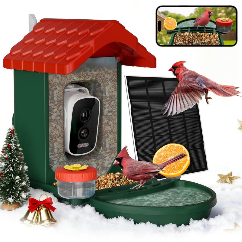 VISIOGEAR 2-in-1 Smart Wild Bird Feeder & Bath with 4K HD Camera, AI Identification Solar Bird Feeder Watching Camera Night Vision for Outdoor Birds Watching Gifts for Birdlover, Red & Green - Image 1