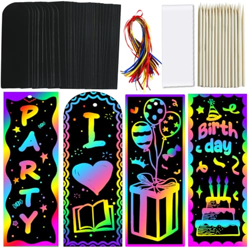 ZMLM Scratch Paper Art Bookmarks Kids: 36 Set Magic Rainbow DIY Art Craft Paper Bookmark Gift Tag Party Favor Goodie Bags Stuffers Pack Activity Bulk Making Kit for Boys Girls Birthday Game Classroom - Image 1