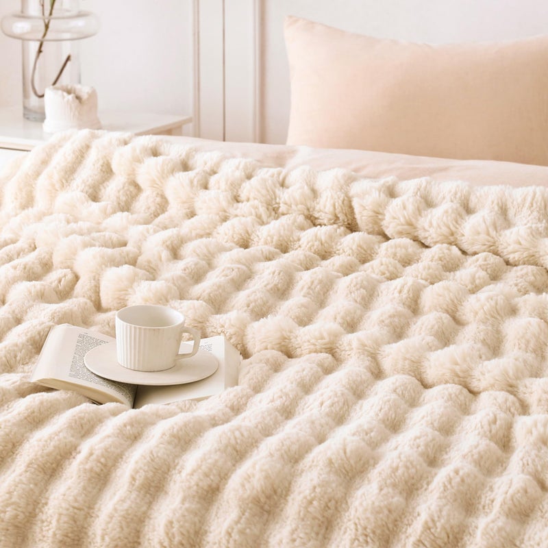 COOVA Faux Fur Throw Blanket for Couch, Cozy Soft and Fuzzy Plush Rabbit Fur Bubble Blanket for Sofa Bedroom Living Room, 50x60 Inches Light Taupe - Image 3