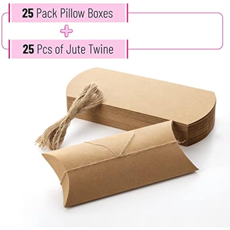 - Kraft Pillow Boxes, 6.3x3.4x1.3 in, 25 Pack with Jute Twines, Kraft Gift Boxes, Paper Boxes for Gifts, Paper Pillow Candy Box, Pillow Boxes Craft, Favor Gift Boxes,  Gift - Image 2