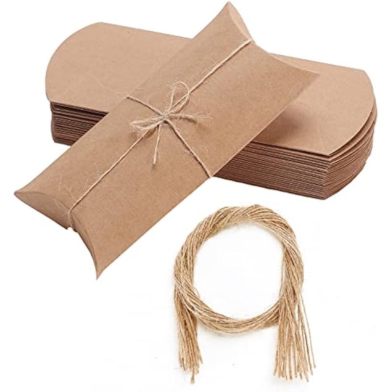 - Kraft Pillow Boxes, 6.3x3.4x1.3 in, 25 Pack with Jute Twines, Kraft Gift Boxes, Paper Boxes for Gifts, Paper Pillow Candy Box, Pillow Boxes Craft, Favor Gift Boxes,  Gift - Image 1