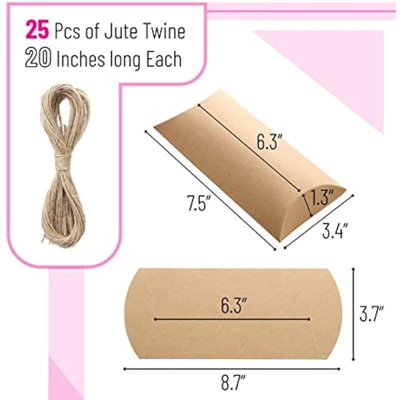 - Kraft Pillow Boxes, 6.3x3.4x1.3 in, 25 Pack with Jute Twines, Kraft Gift Boxes, Paper Boxes for Gifts, Paper Pillow Candy Box, Pillow Boxes Craft, Favor Gift Boxes,  Gift - Image 3