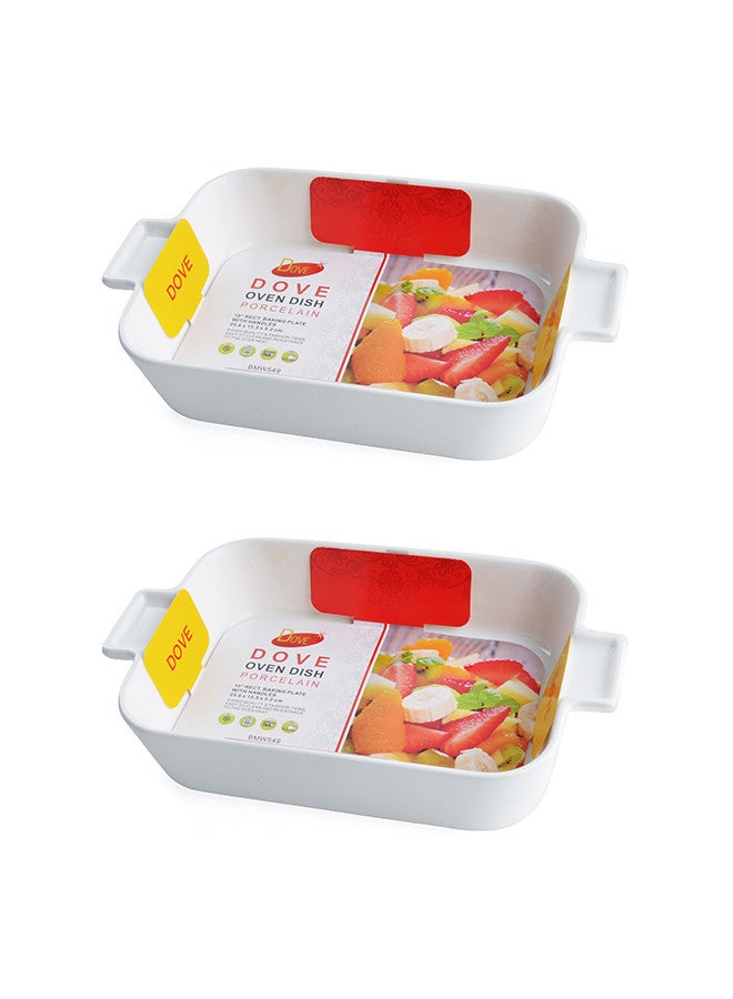 دوف طقم صواني للفرن مكون من قطعتين بمقابض بورسلين مستطيل سعة 10 انش مقاس 25.6x15.5x5.2 سم أبيض - Image 1