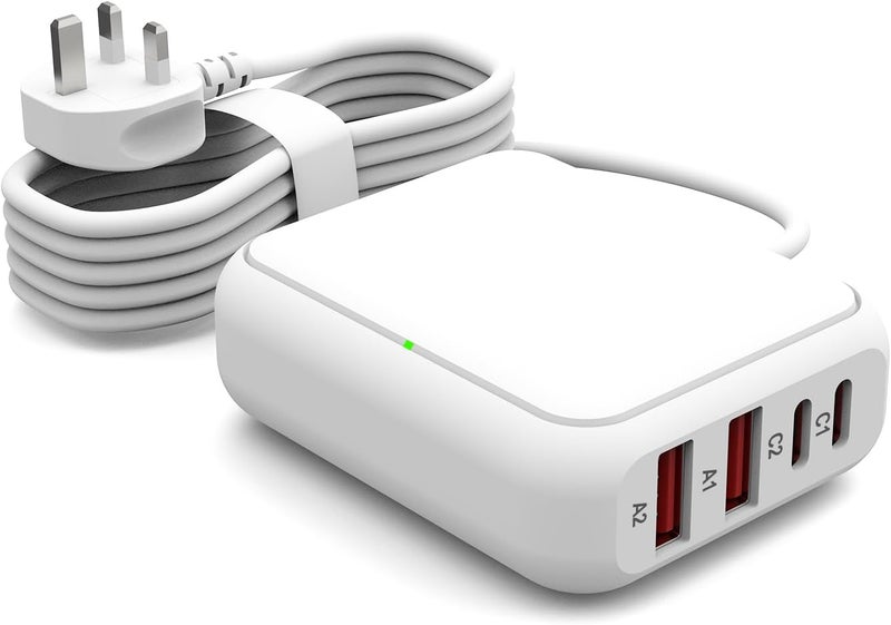 في اتش بي دبليو شاحن 8 منافذ USB، شاحن USB C متعدد المنافذ للسفر، محطة شحن صغيرة بمنافذ USB C و USB A، كتلة محطة الشحن (أبيض) - Image 1
