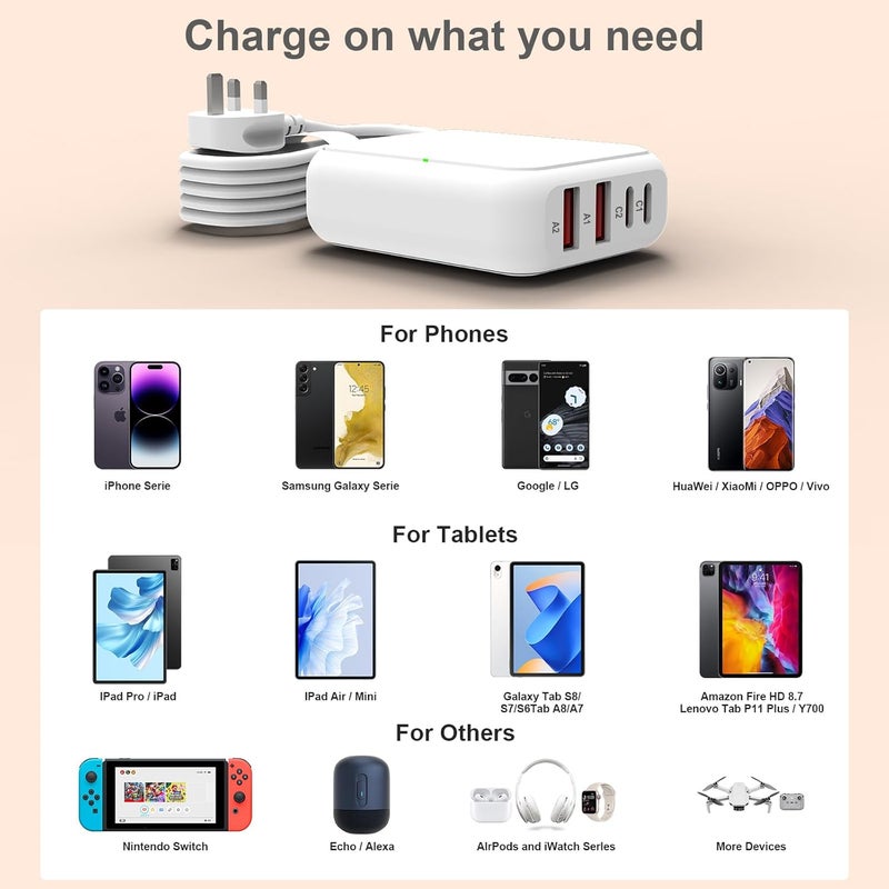 في اتش بي دبليو شاحن 8 منافذ USB، شاحن USB C متعدد المنافذ للسفر، محطة شحن صغيرة بمنافذ USB C و USB A، كتلة محطة الشحن (أبيض) - Image 3
