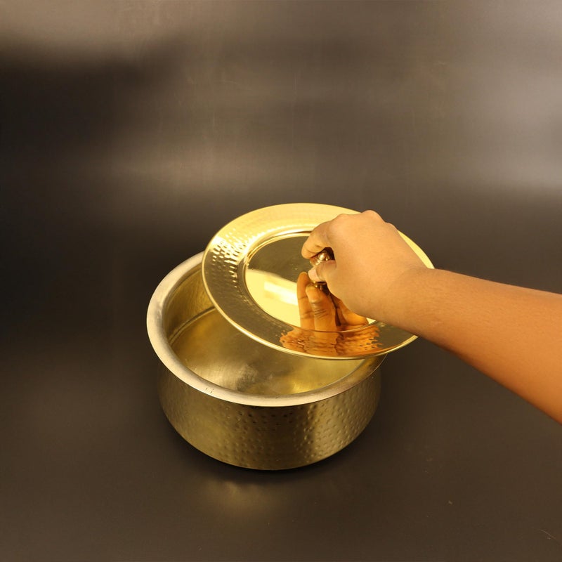 Spillbox Putrika Brass Kitchen Appliances Cooking Serving Pot Pan|Biryani Handi|Urli|Serveware|Tope |Patila|Cookware Bowl|Cooking Bowl Set with Lid- Hammered Lagan (Medium) - Image 3