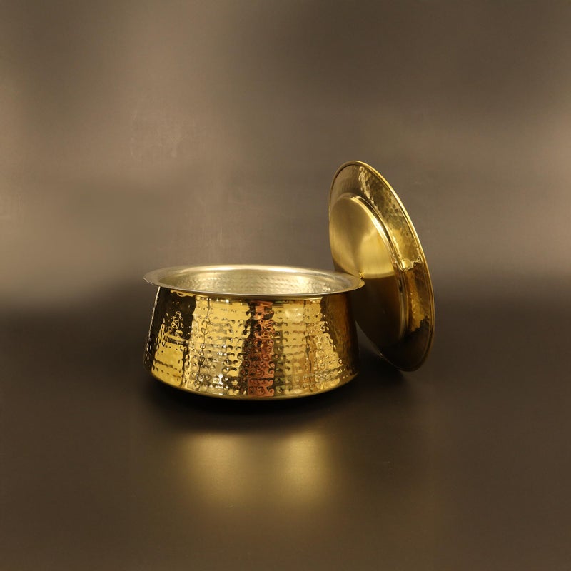 Spillbox Putrika Brass Kitchen Appliances Cooking Serving Pot Pan|Biryani Handi|Urli|Serveware|Tope |Patila|Cookware Bowl|Cooking Bowl Set with Lid- Hammered Lagan (Medium) - Image 2