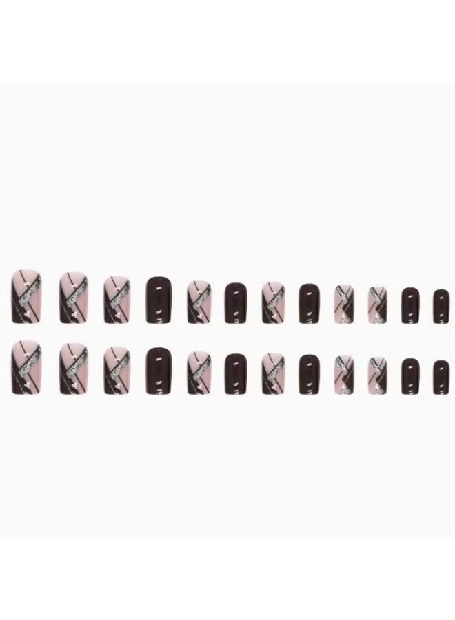 GLAMIX Shape 24PCS Reusable ABS Nail Tips Glossy Finish Scratch Resistant and Waterproof Silver Line Glitter Design Easy Apply and Remove Natural Fit Fake Nails Home Manicure Kit Salon Quality Nails for Work Party and Wedding Fashion Nail Art Gift for Women and Girls - Image 2