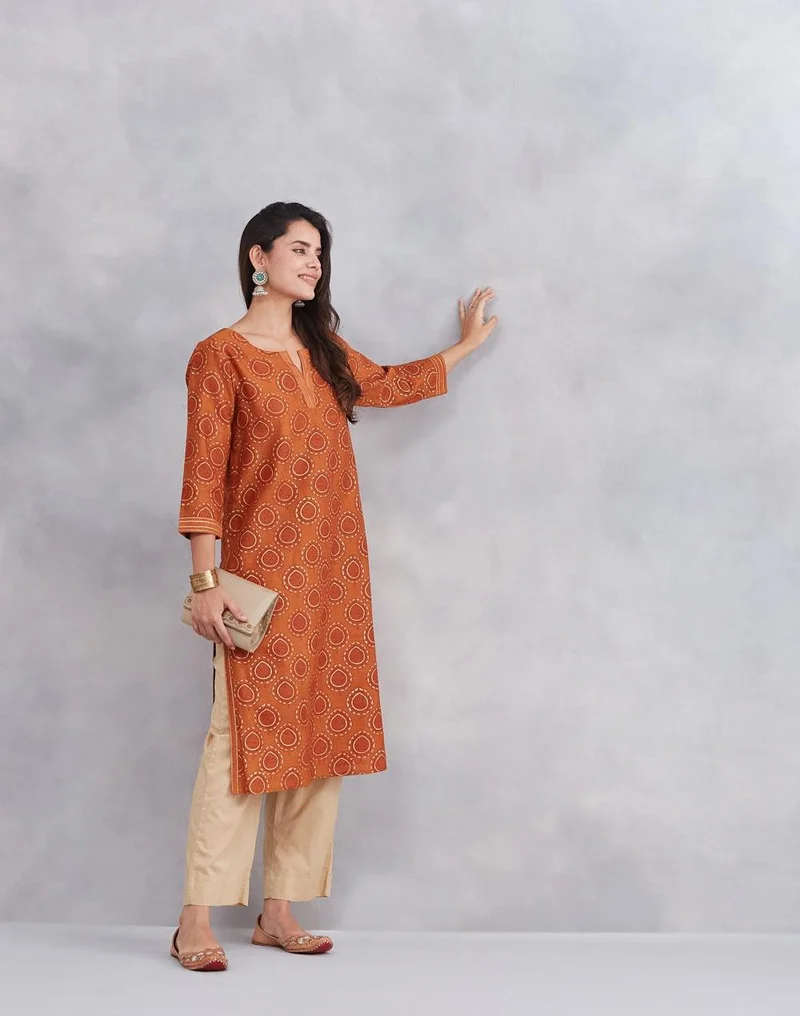 Fabindia Orange Cotton Silk Hand Block Printed Long Kurta